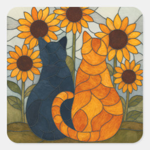 Stained Glass Cats and Sunflowers Art Design Square Sticker