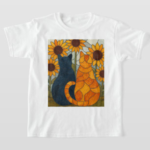 Stained Glass Cats and Sunflowers Art Design T-Shirt