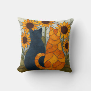 Stained Glass Cats and Sunflowers Art Design Throw Pillow