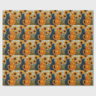 Stained Glass Cats and Sunflowers Art Design Wrapping Paper