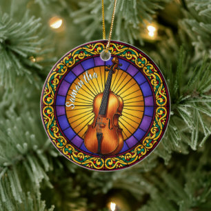 Stained Glass Cello Custom Name Christmas Ceramic Ornament