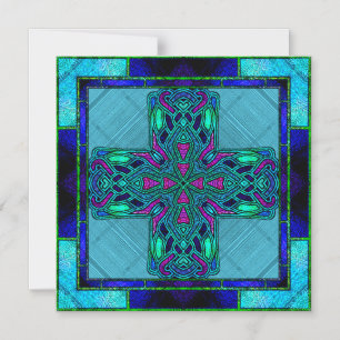 Stained Glass Celtic Cross in Blue and Aqua Magnetic Invitation
