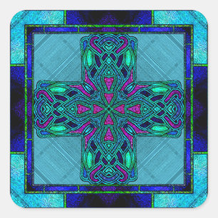 Stained Glass Celtic Cross in Blue and Aqua Square Sticker