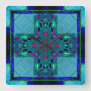 Stained Glass Celtic Cross in Blue and Aqua Square Wall Clock