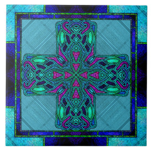 Stained Glass Celtic Cross in Blue and Aqua Tile