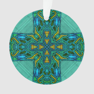 Stained Glass Celtic Cross in Gold and Green Ornament