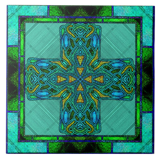 Stained Glass Celtic Cross in Gold and Green Tile (Front)
