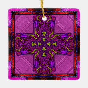 Stained Glass Celtic Cross in Pink and Purple Ceramic Ornament
