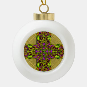 Stained Glass Celtic Cross in Red and Gold Ceramic Ball Christmas Ornament