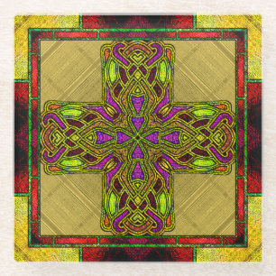 Stained Glass Celtic Cross in Red and Gold Coaster