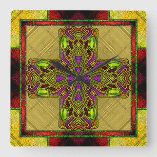 Stained Glass Celtic Cross in Red and Gold Square Wall Clock