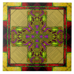 Stained Glass Celtic Cross in Red and Gold Tile