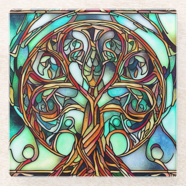 STAINED GLASS CELTIC TREE OF LIFE  COASTER (Front)