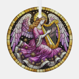 Stained Glass Christmas angel playing harp  Ornament
