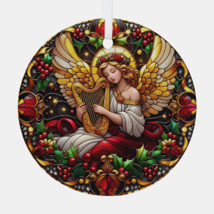 Stained Glass Christmas Angel with Golden Harp Glass Ornament