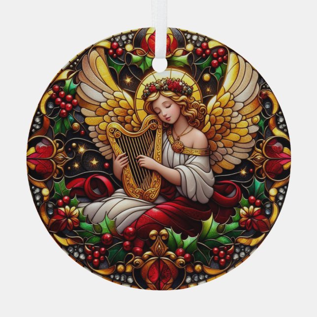 Stained Glass Christmas Angel with Golden Harp Glass Ornament (Back)