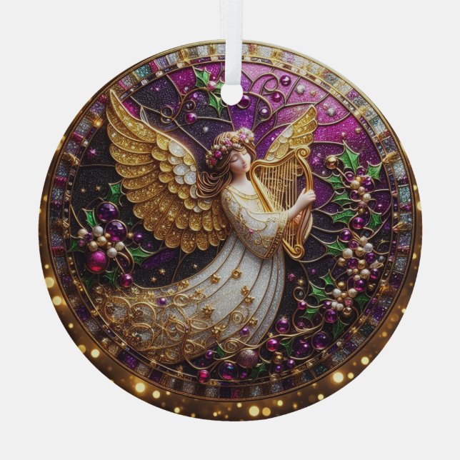 Stained Glass Christmas Angel with Golden Harp Glass Ornament (Back)