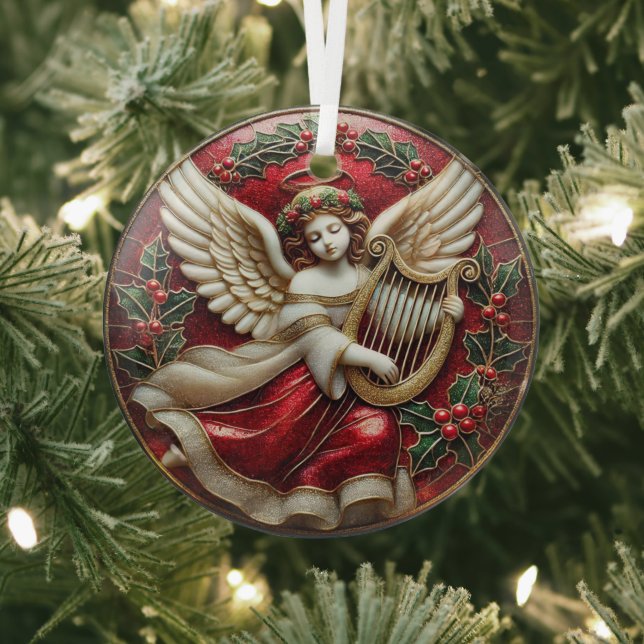 Stained Glass Christmas angel with harp and holly Glass Ornament (Insitu)