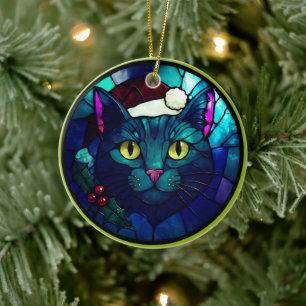 Stained-Glass Christmas Black Cat In Red Hat Ceramic Ornament