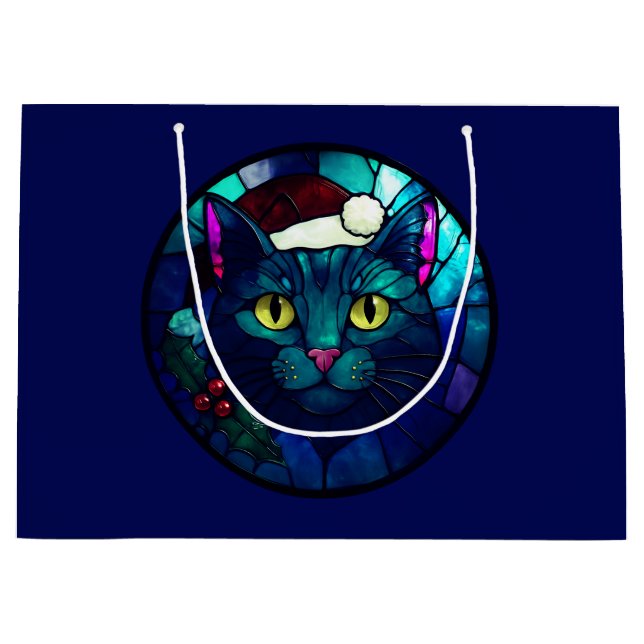 Stained-Glass Christmas Black Cat In Red Hat Large Gift Bag (Front)