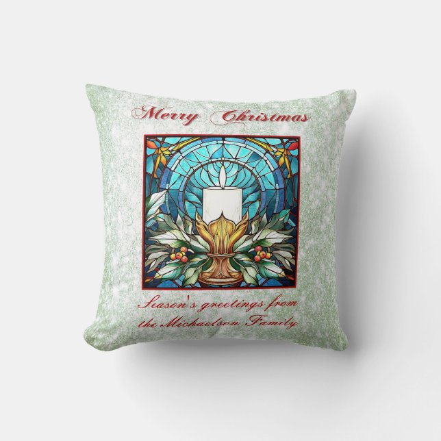 Stained Glass Christmas Candle Holly Green Glitter Throw Pillow (Front)