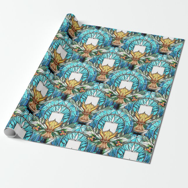 Stained Glass Christmas Candle Holly Wrapping Paper (Unrolled)