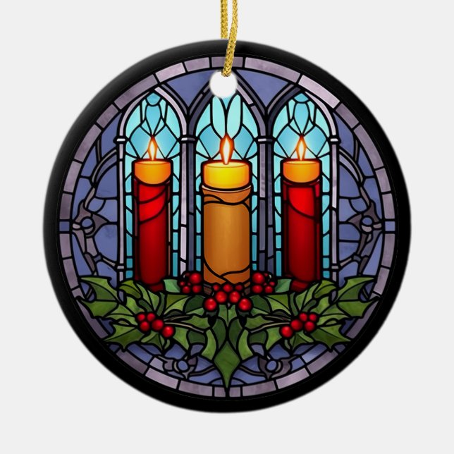 Stained Glass Christmas Candles  Ceramic Ornament (Front)