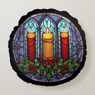 Stained Glass Christmas Candles Round Pillow