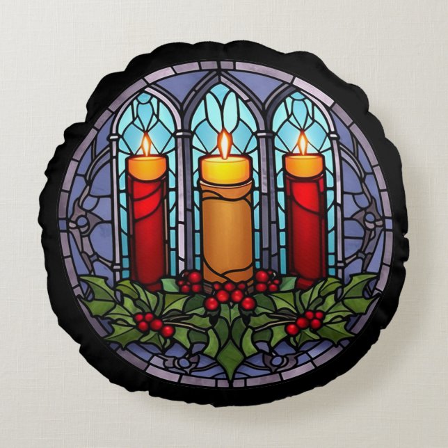Stained Glass Christmas Candles  Round Pillow (Front)