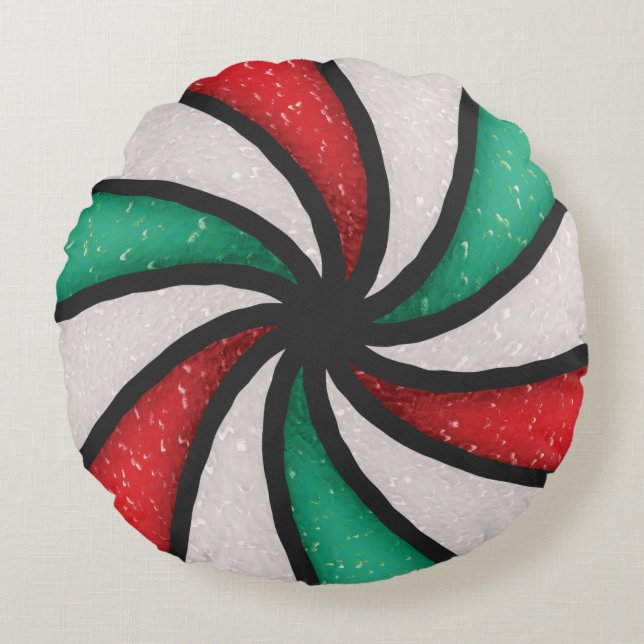 Stained Glass Christmas Candy Peppermint Mint Round Pillow (Front)
