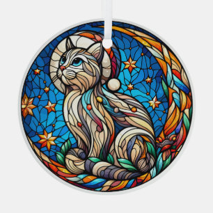 Stained Glass Christmas cat and crescent moon Ornament