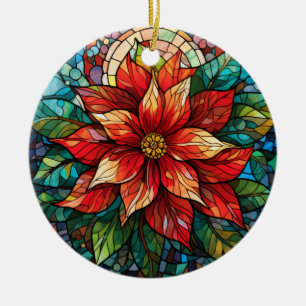 Stained Glass Christmas Flower red Poinsettia Ceramic Ornament