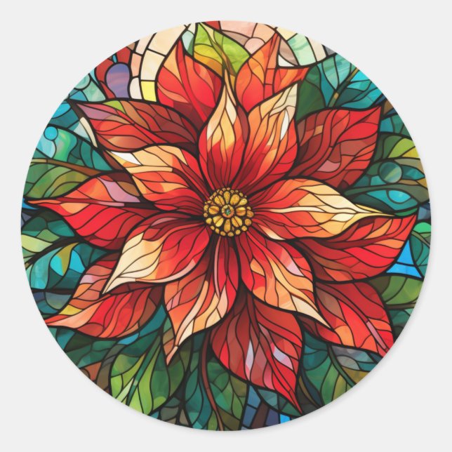 Stained Glass Christmas Flower red Poinsettia Classic Round Sticker (Front)