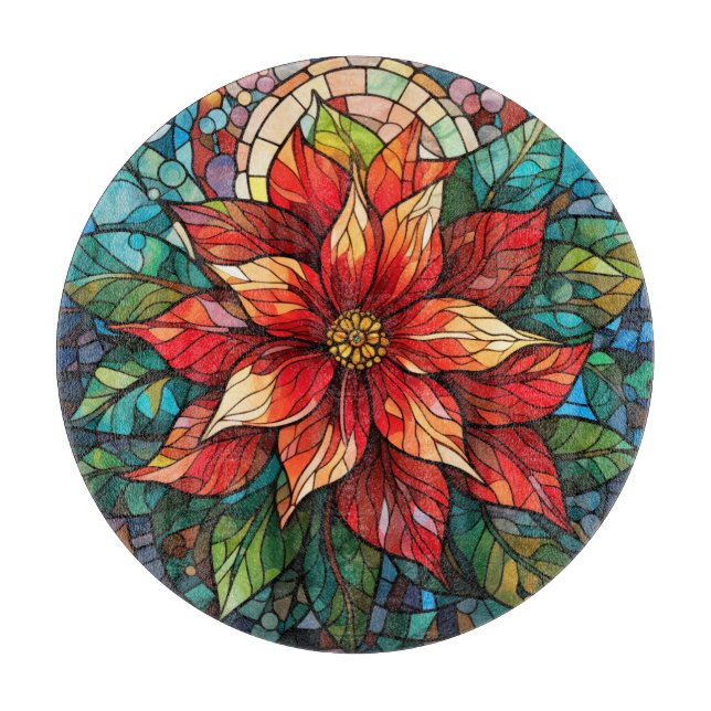 Stained Glass Christmas Flower red Poinsettia Cutting Board (Front)