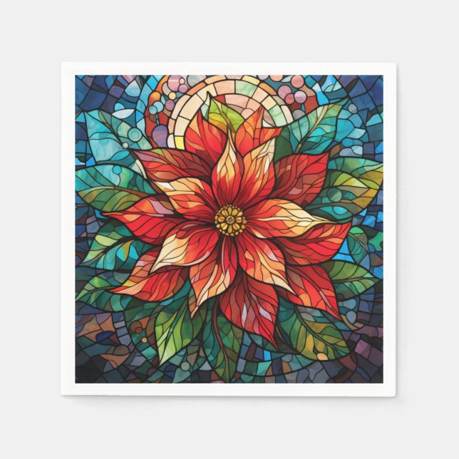 Stained Glass Christmas Flower red Poinsettia Napkin (Front)