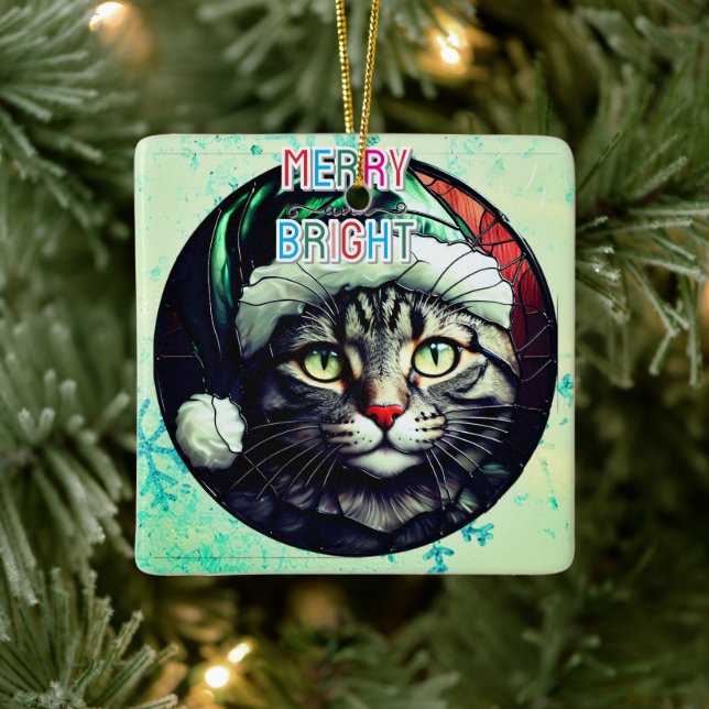 Stained-Glass Christmas Grey Tabby In Green Hat Ceramic Ornament (Tree)