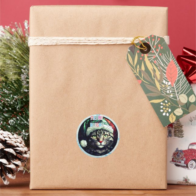 Stained-Glass Christmas Grey Tabby In Green Hat Classic Round Sticker (Holiday)