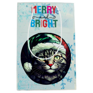 Stained-Glass Christmas Grey Tabby In Green Hat Medium Gift Bag
