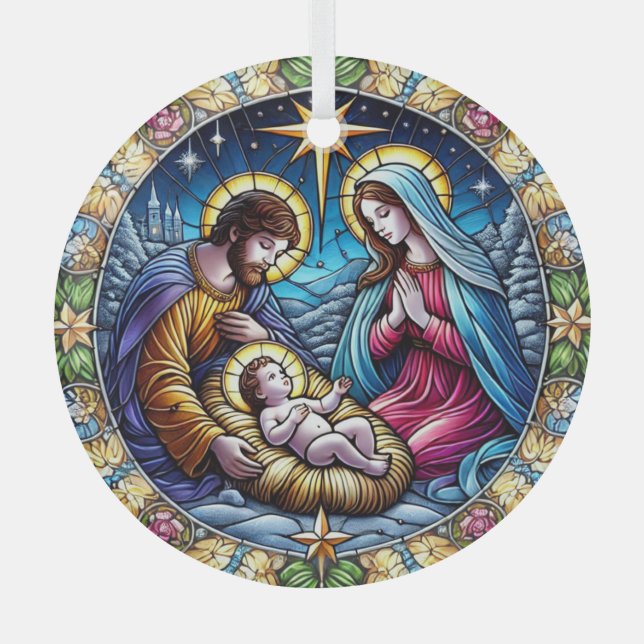Stained Glass Christmas Nativity  Glass Ornament (Front)
