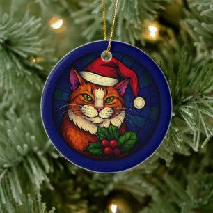 Stained-Glass Christmas Orange Tabby Cat Ceramic Ornament