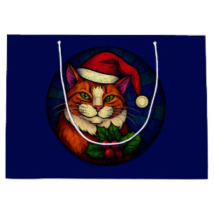 Stained-Glass Christmas Orange Tabby Cat Large Gift Bag