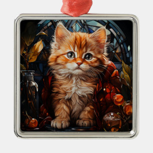 STAINED GLASS CHRISTMAS ORANGE TABBY KITTEN METAL ORNAMENT
