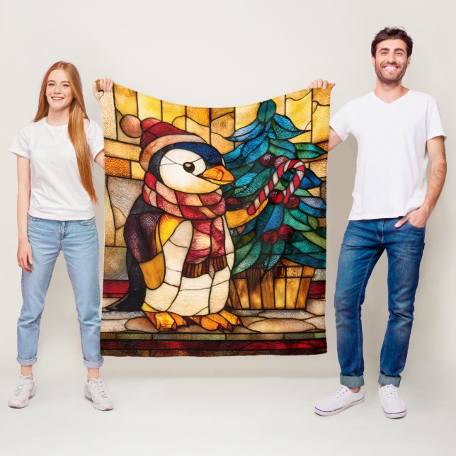 Stained Glass Christmas Penguin Fleece Blanket (In Situ)