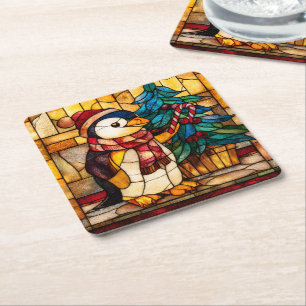 Stained Glass Christmas Penguin Square Paper Coaster