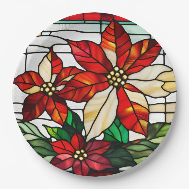 Stained Glass Christmas Poinsettia Flowers  Paper Plate (Front)