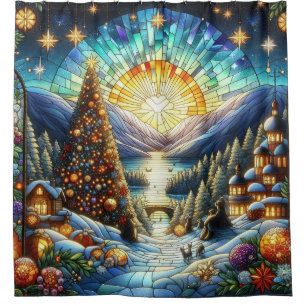 Stained Glass Christmas Scene Shower Curtain