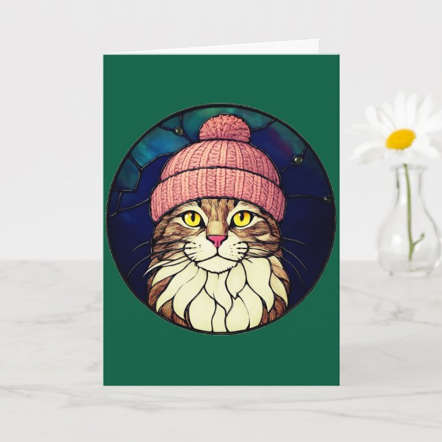 Stained-Glass Christmas Tabby Cat In Pink Cap Card (Small Plant)