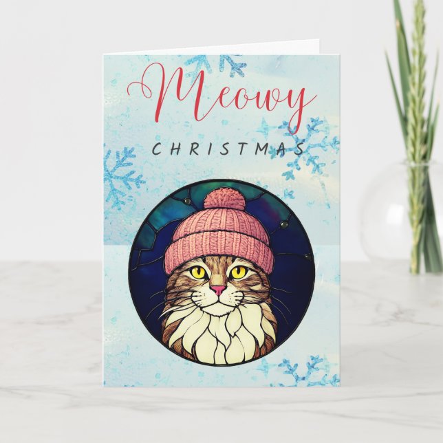 Stained-Glass Christmas Tabby Cat In Pink Cap Holiday Card (Front)