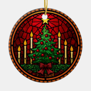 Stained Glass Christmas Tree & Candles Ceramic Ornament