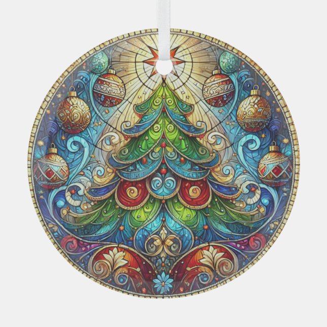 Stained Glass Christmas Tree Glass Ornament (Front)